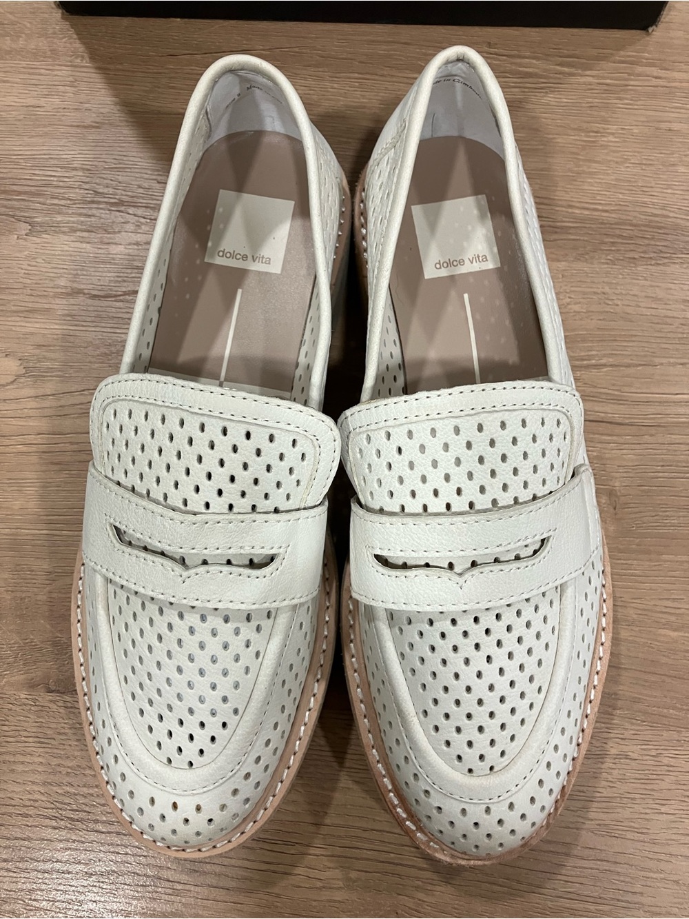 Dolce Vita Cream Perforated Leather Loafers with Tan Welt